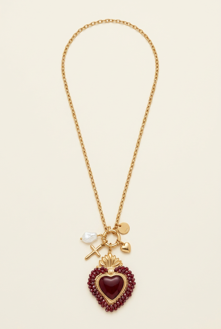 Collana completa con cuore rosso su fondo avorio