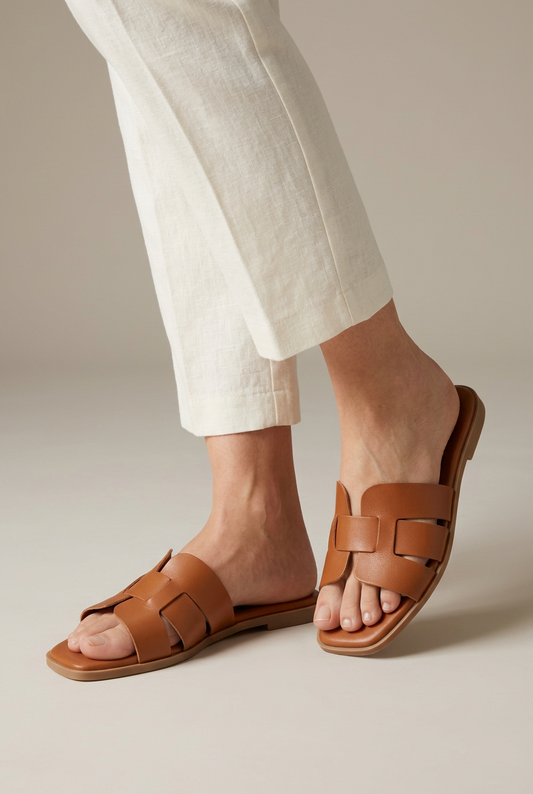 Ciabatta 4221 cuoio indossata con pantaloni panna