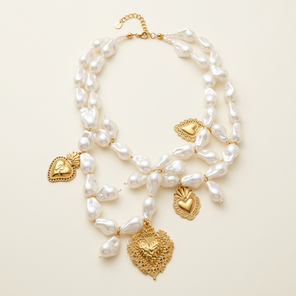 Collana Cuori Barocchi multifilo con perle sintetiche bianche e cuori color oro su fondo avorio