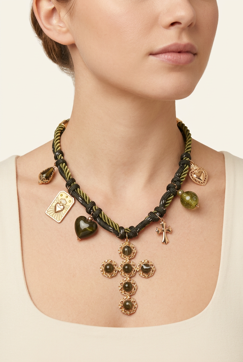 Collana Intreccio nella versione verde oliva indossata da una modella adulta