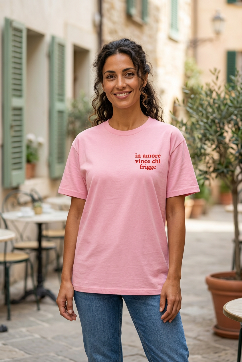 Modella con ricci scuri indossa la T-shirt rosa con scritta rossa In amore vince chi frigge nel cortile di un caffè italiano