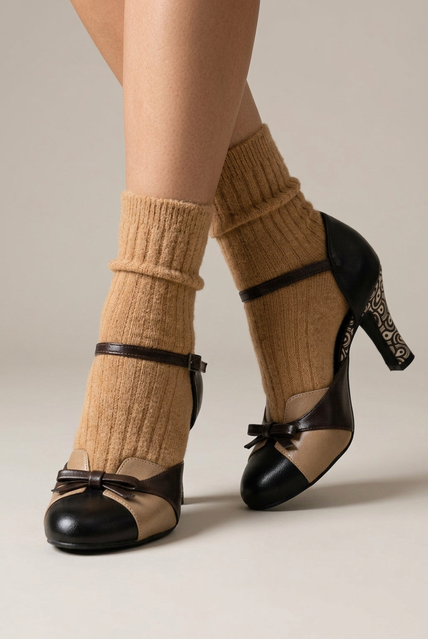 Scarpa Parisienne indossata con calzino cammello morbido a coste, primo piano di fiocco e tacco decorato