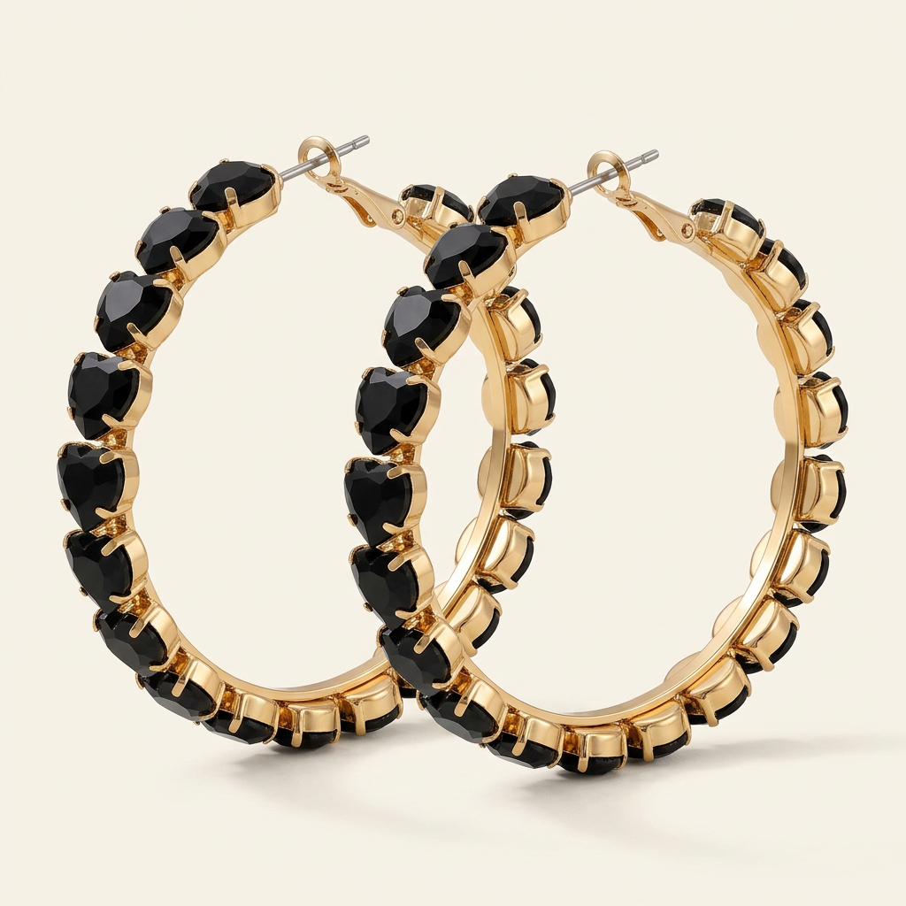 Orecchini Cerchio Noir con cuori neri e interno pieno color oro