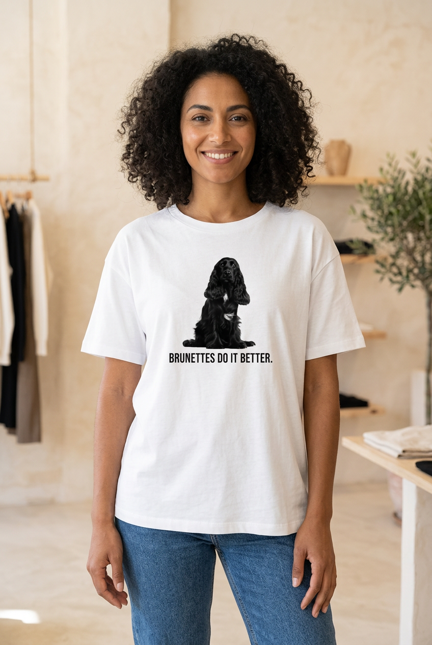 Modella con T-shirt bianca a taglio dritto e stampa di un cocker nero