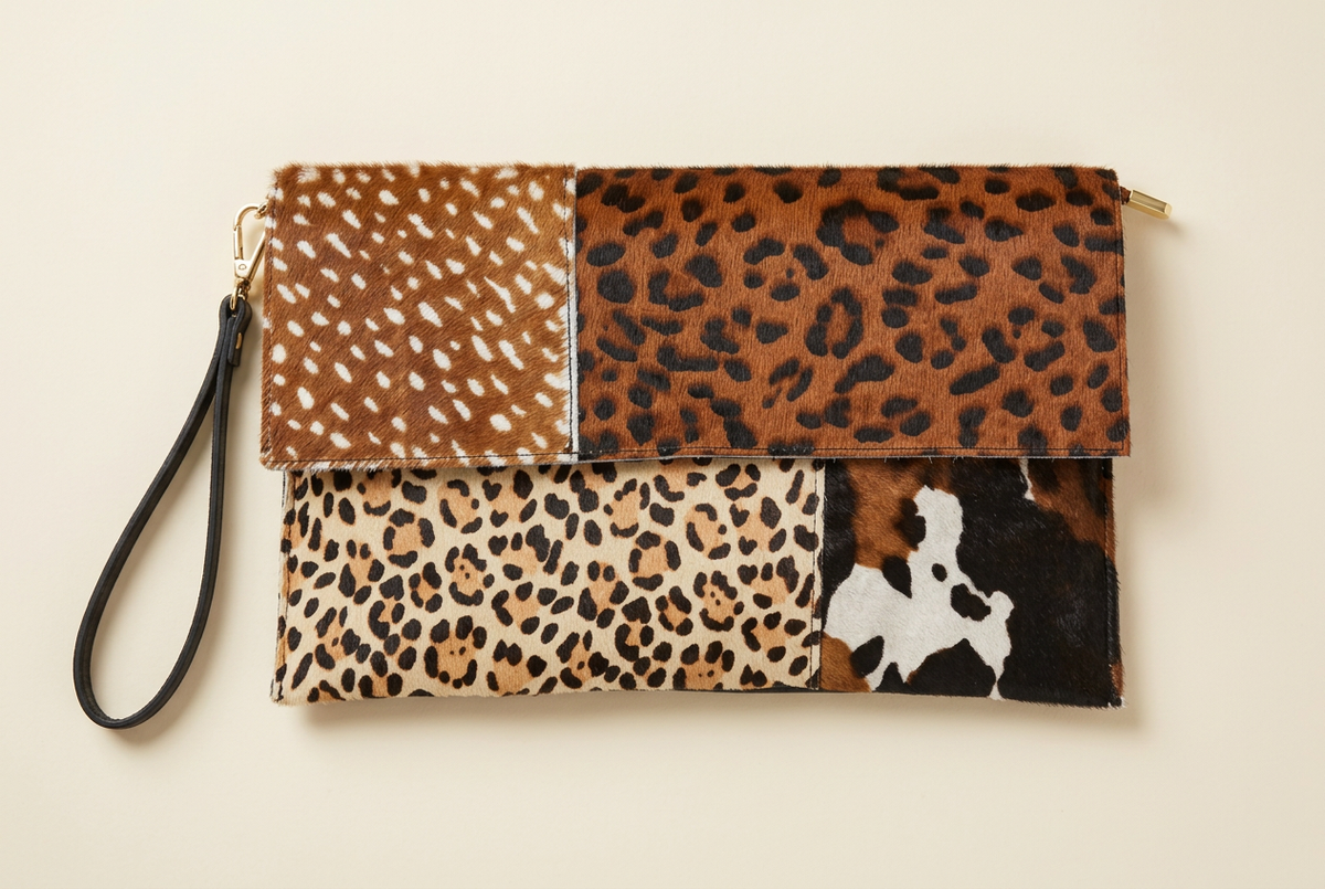 Pochette Savana patchwork animalier nei toni marroni