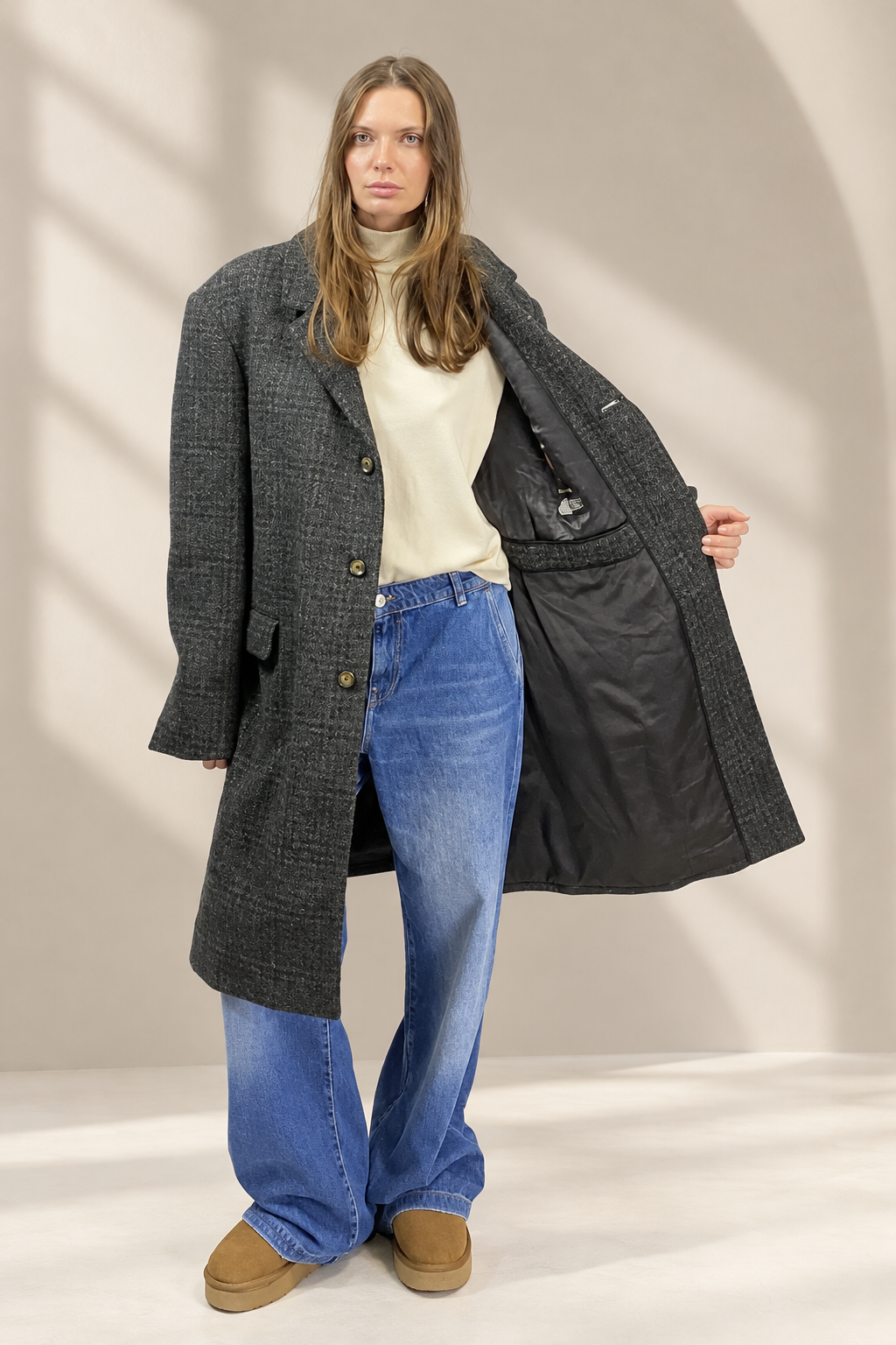 Cappotto Vintage grigio a fantasia, dettaglio fodera in studio