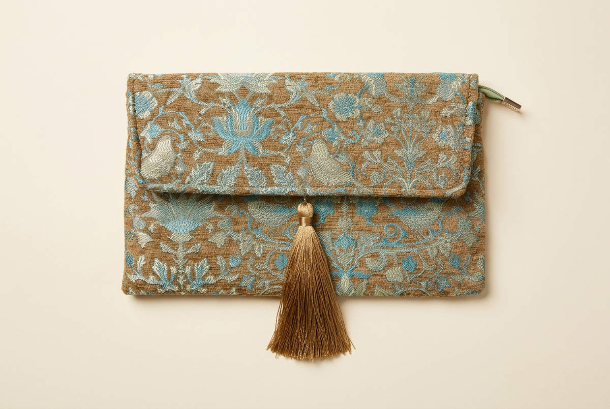Pochette Arabesque fantasia floreale azzurra con nappina