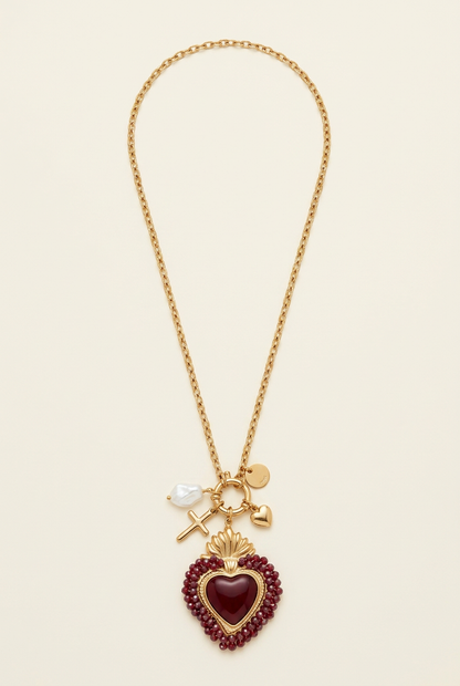 Collana completa con cuore rosso su fondo avorio