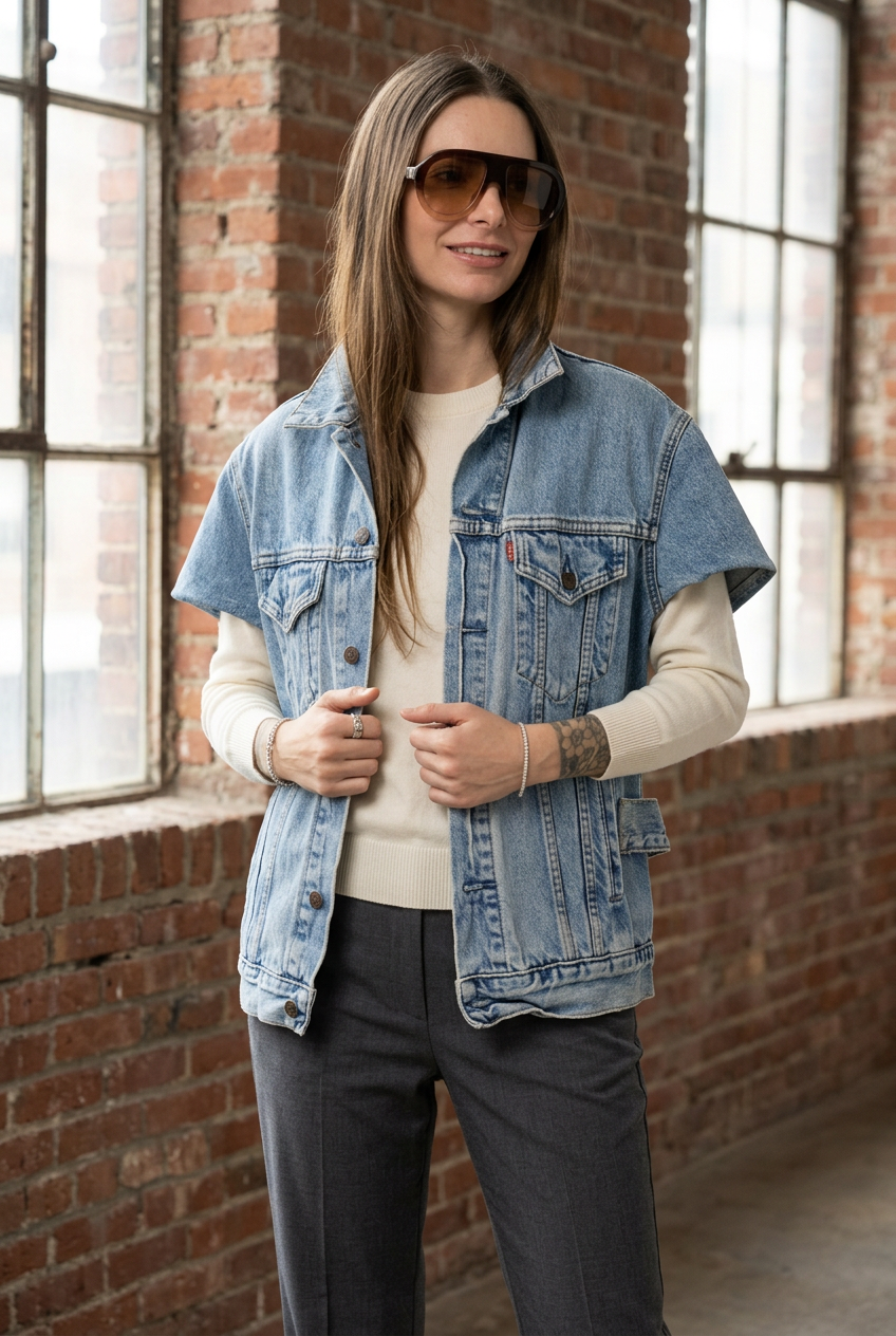 Giubbino Levi's vintage denim chiaro, fronte con maglione panna in loft di mattoni