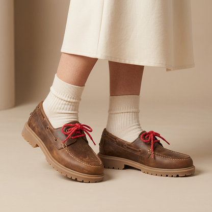 Scarpa Mart marrone da donna indossata con calzini panna