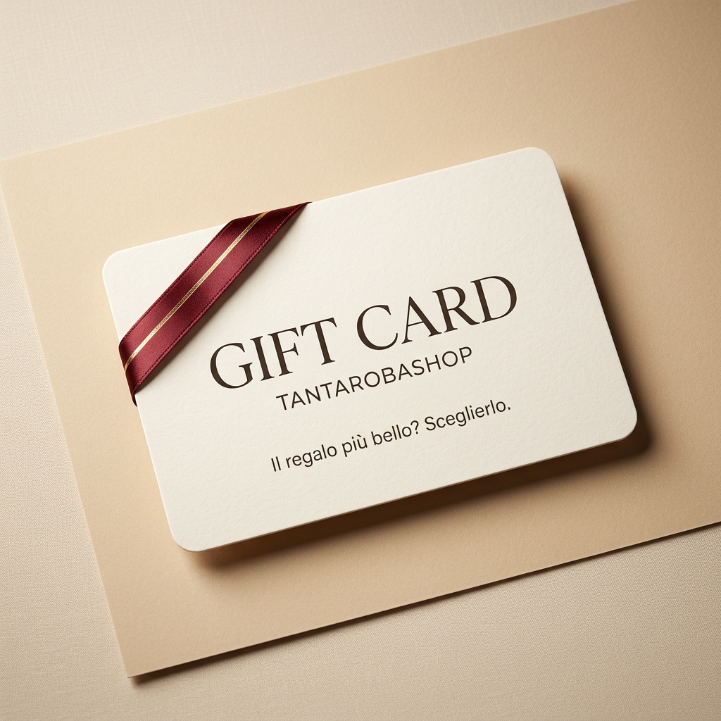 Gift Card Tantarobashop su fondo avorio con nastro bordeaux e dettagli dorati