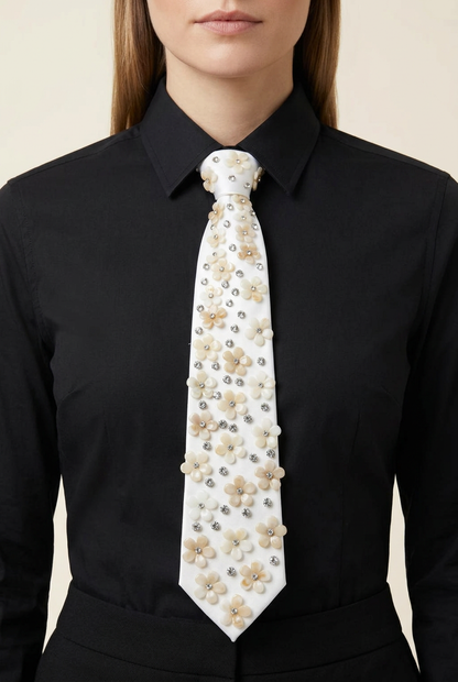 Cravatta chiara con fiori e pietre indossata dalla modella