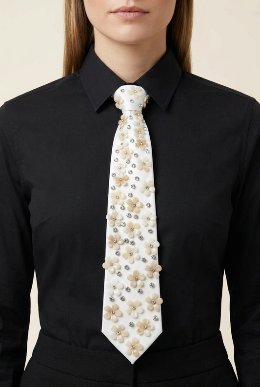 Cravatta chiara con fiori e pietre indossata dalla modella