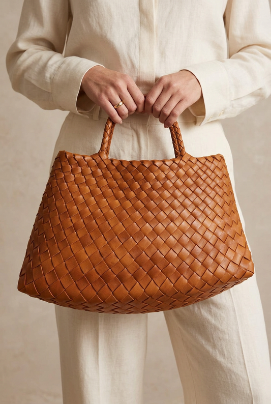 Borsa Aloisa cognac indossata dalla modella, in primo piano