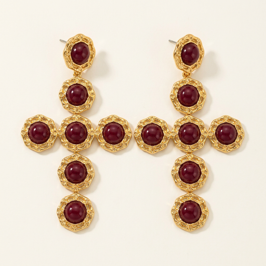 Orecchini Croce Barocca bordeaux e color oro