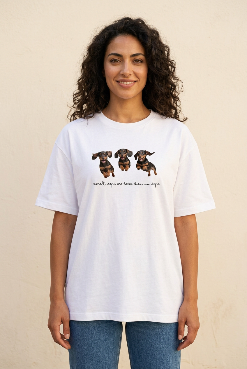 T-shirt bianca con stampa di tre bassotti, taglio dritto e morbido, indossata da una modella