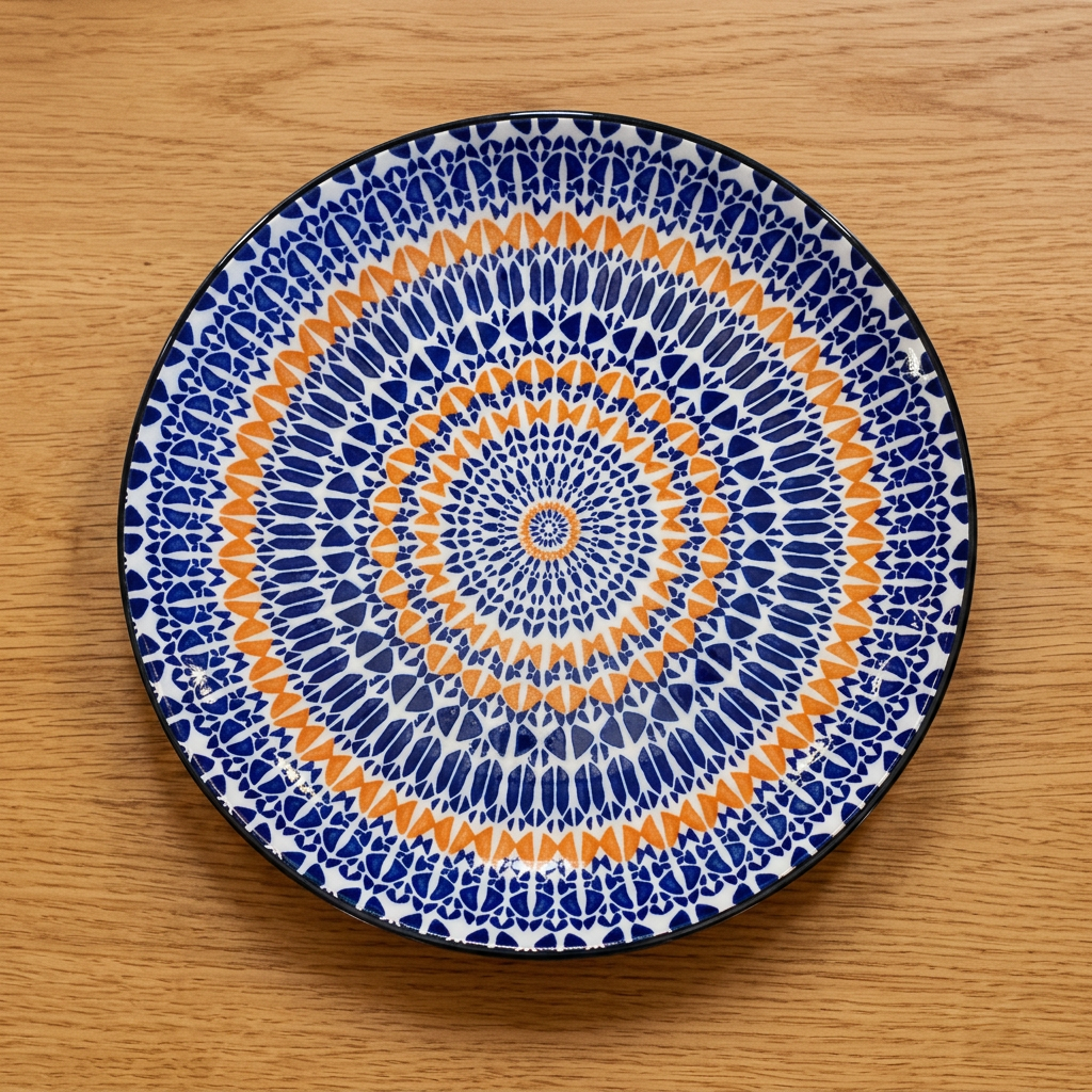 Piatto con decorazione blu e ocra su rovere color miele