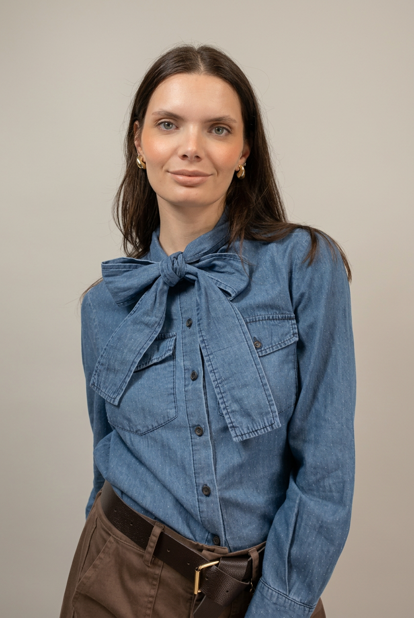 Camicia Rachele in denim blu con fiocco al collo, vista frontale su sfondo neutro da studio