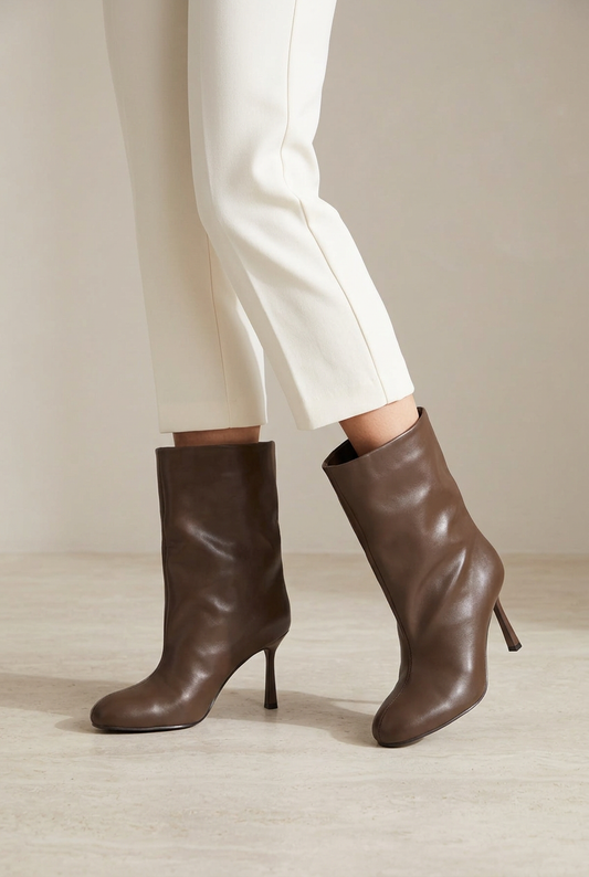 Stivaletti Mocha in ecopelle marrone con tacco sottile indossati con pantaloni avorio cropped