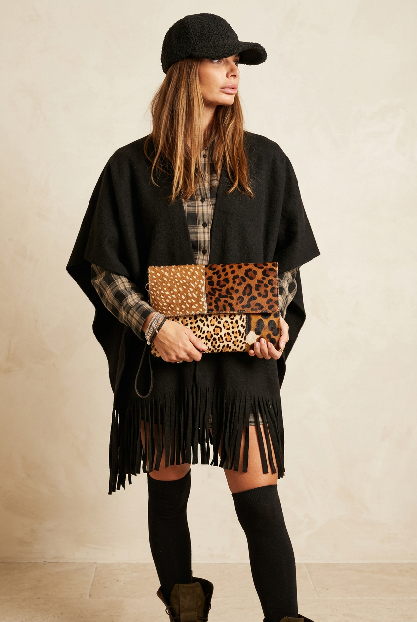Pochette Savana animalier portata a mano dalla modella