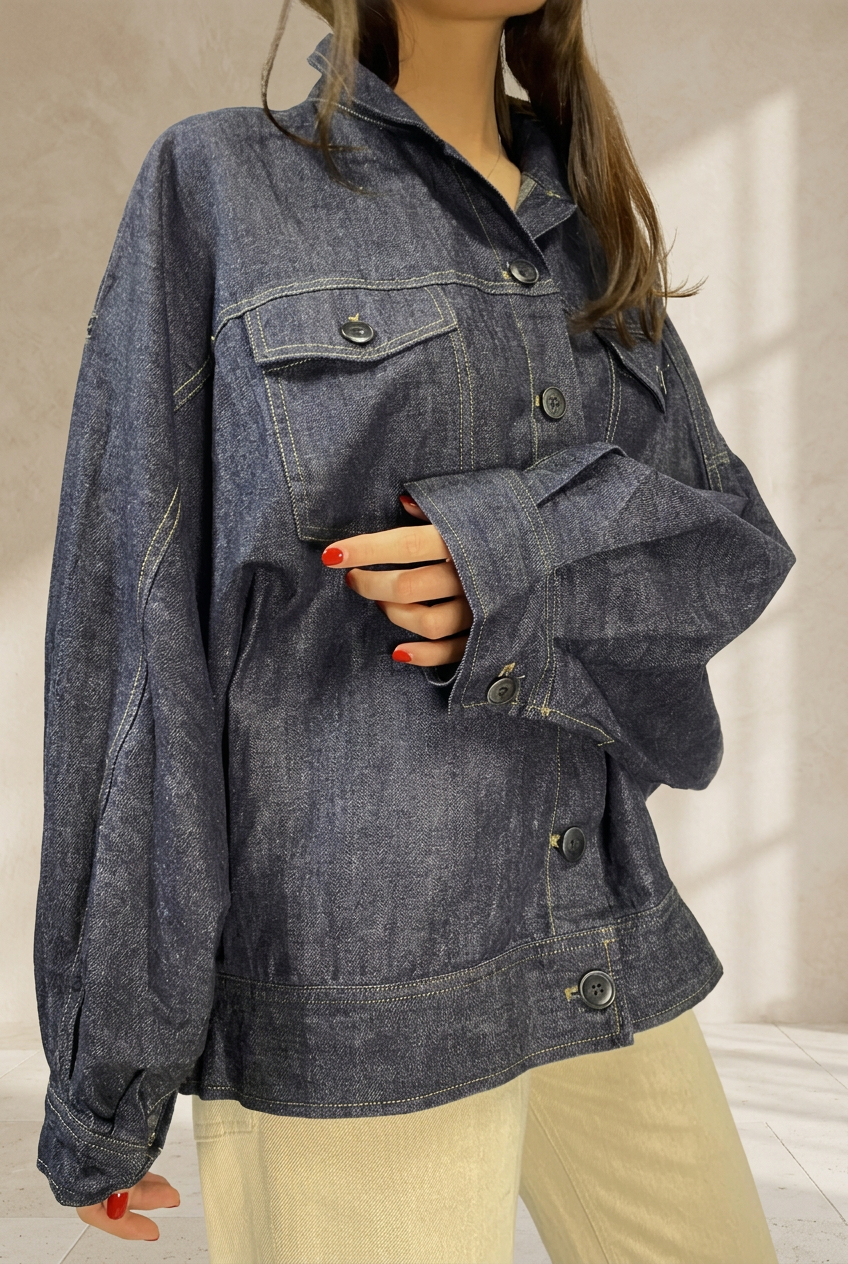 Giubbino 411 in denim scuro, dettaglio frontale su sfondo da studio color sabbia