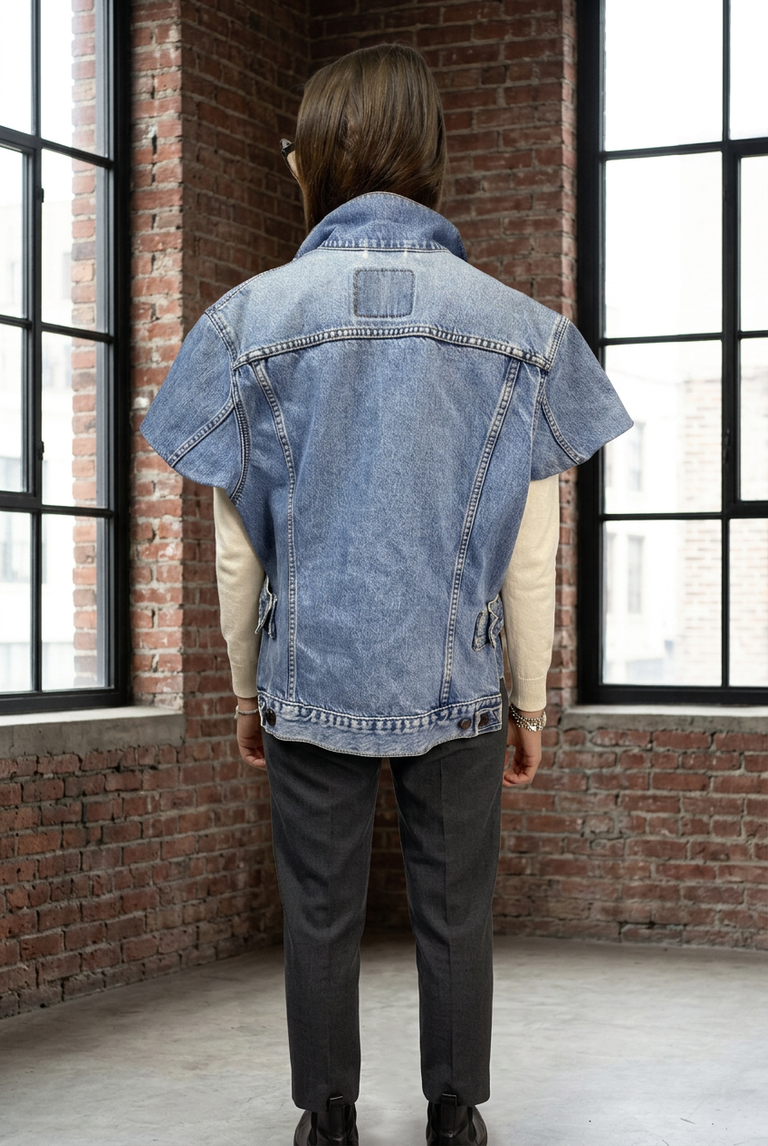 Giubbino Levi's vintage denim chiaro, retro con look invernale in loft di mattoni
