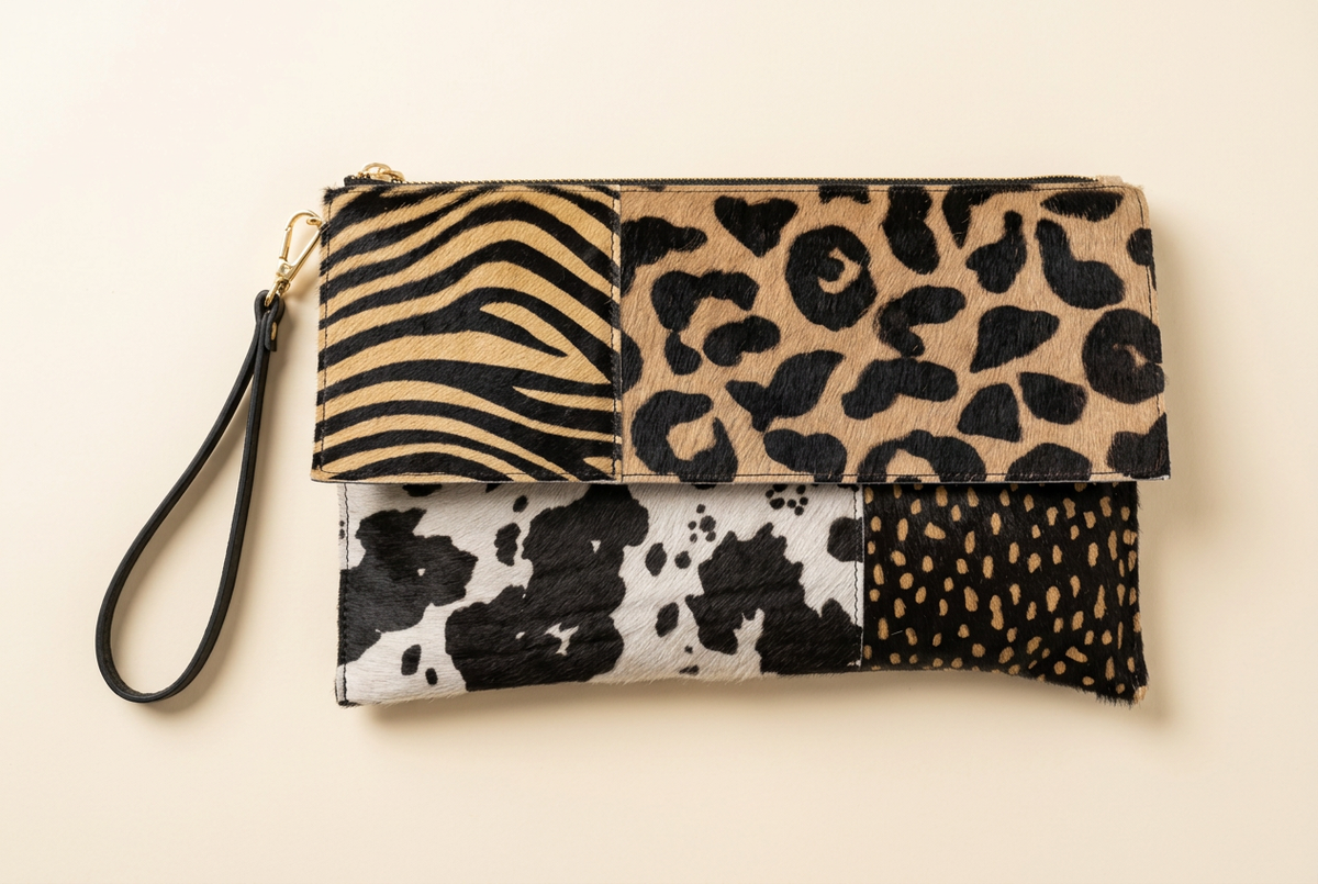 Pochette Savana patchwork con fantasia zebrata e maculata