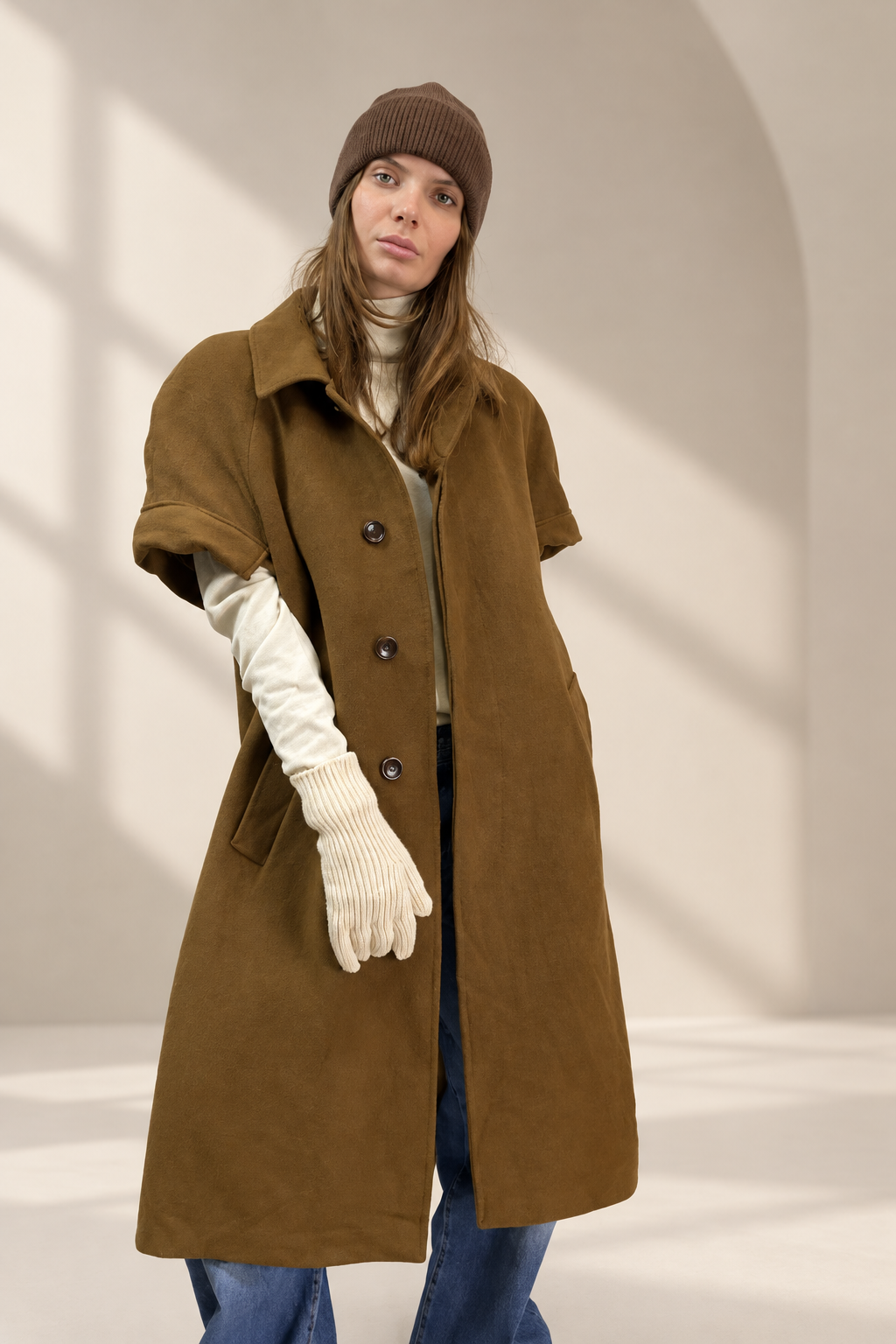 Cappotto Vintage color cuoio su sfondo greige da studio