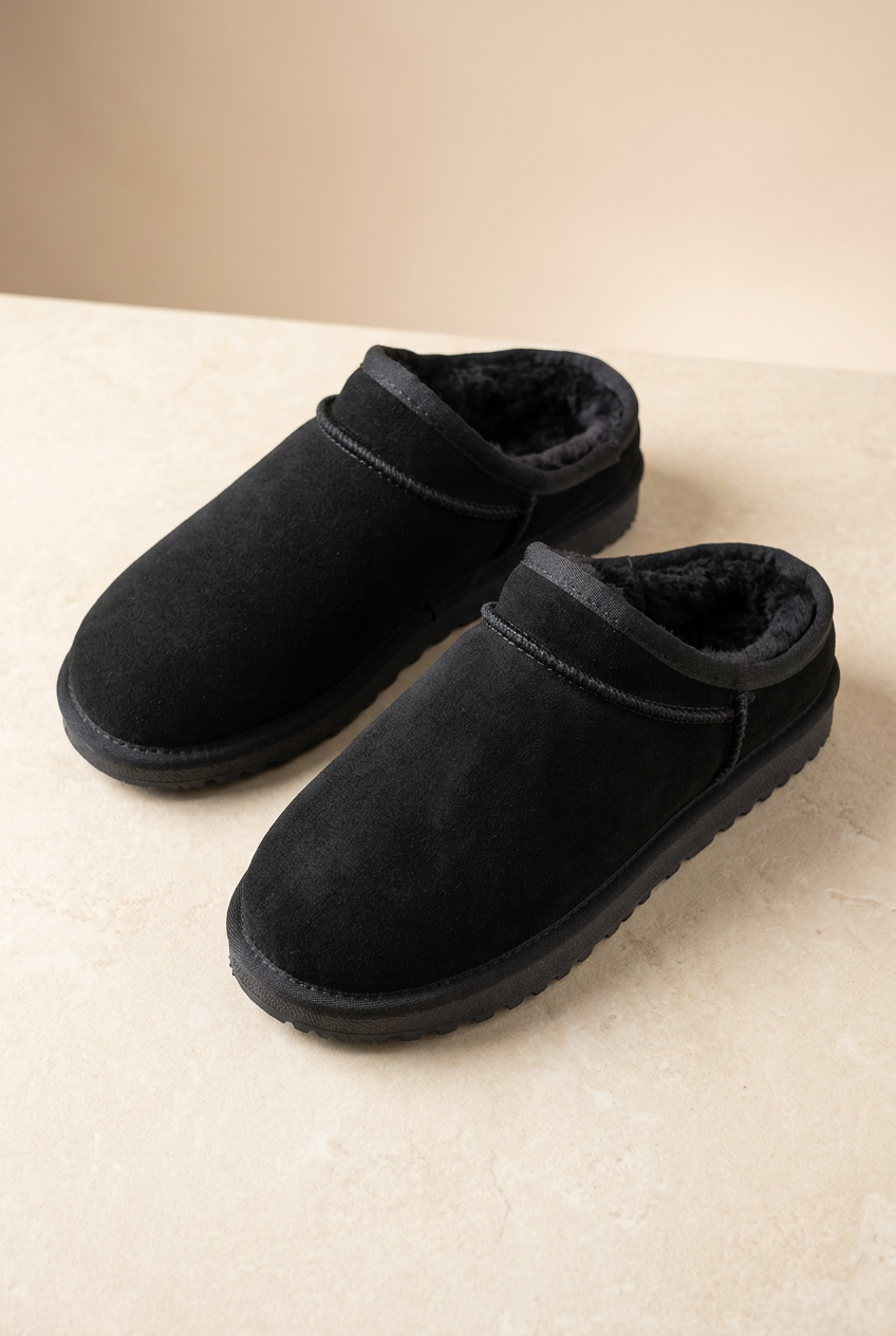Scarpe 530 in camoscio nero appoggiate su fondo avorio