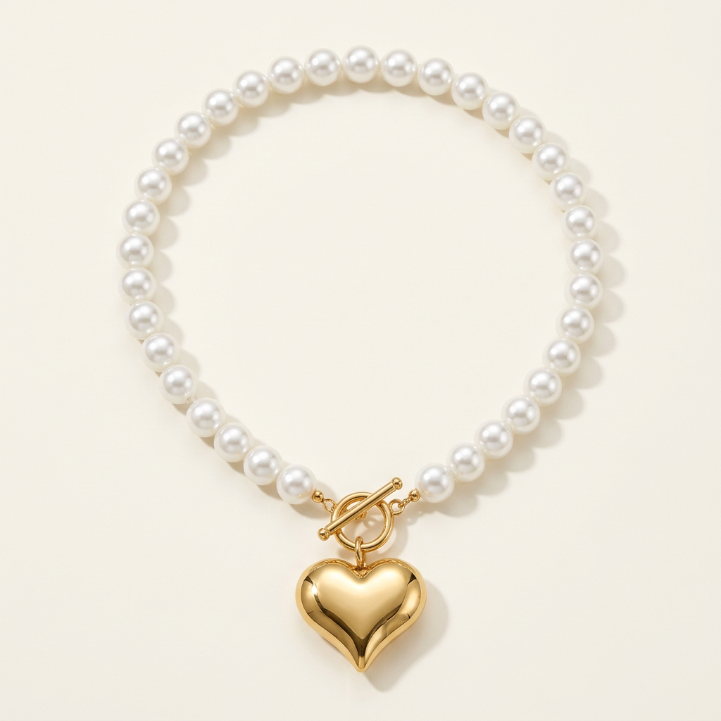 Collana Cuore Perlato con perle sintetiche bianche e cuore color oro, senza cartellino su fondo avorio