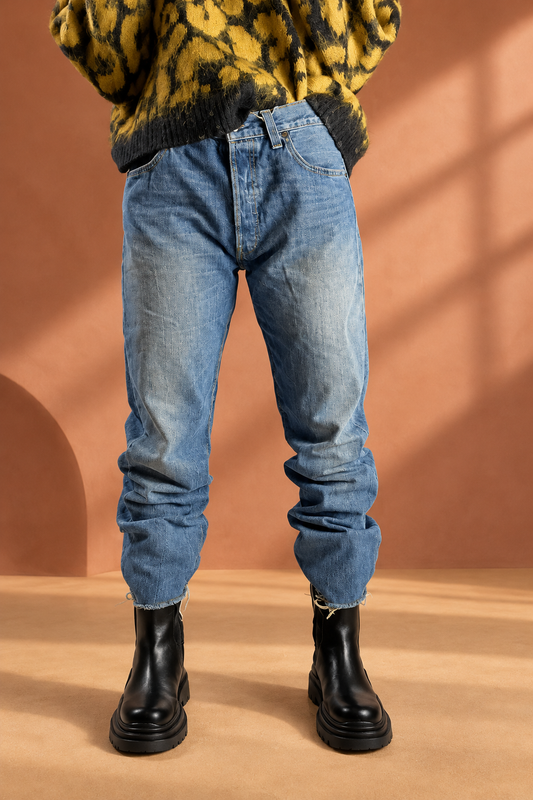 Jeans Levi’s Vintage 2.0 blu, vista frontale su sfondo terracotta chiaro
