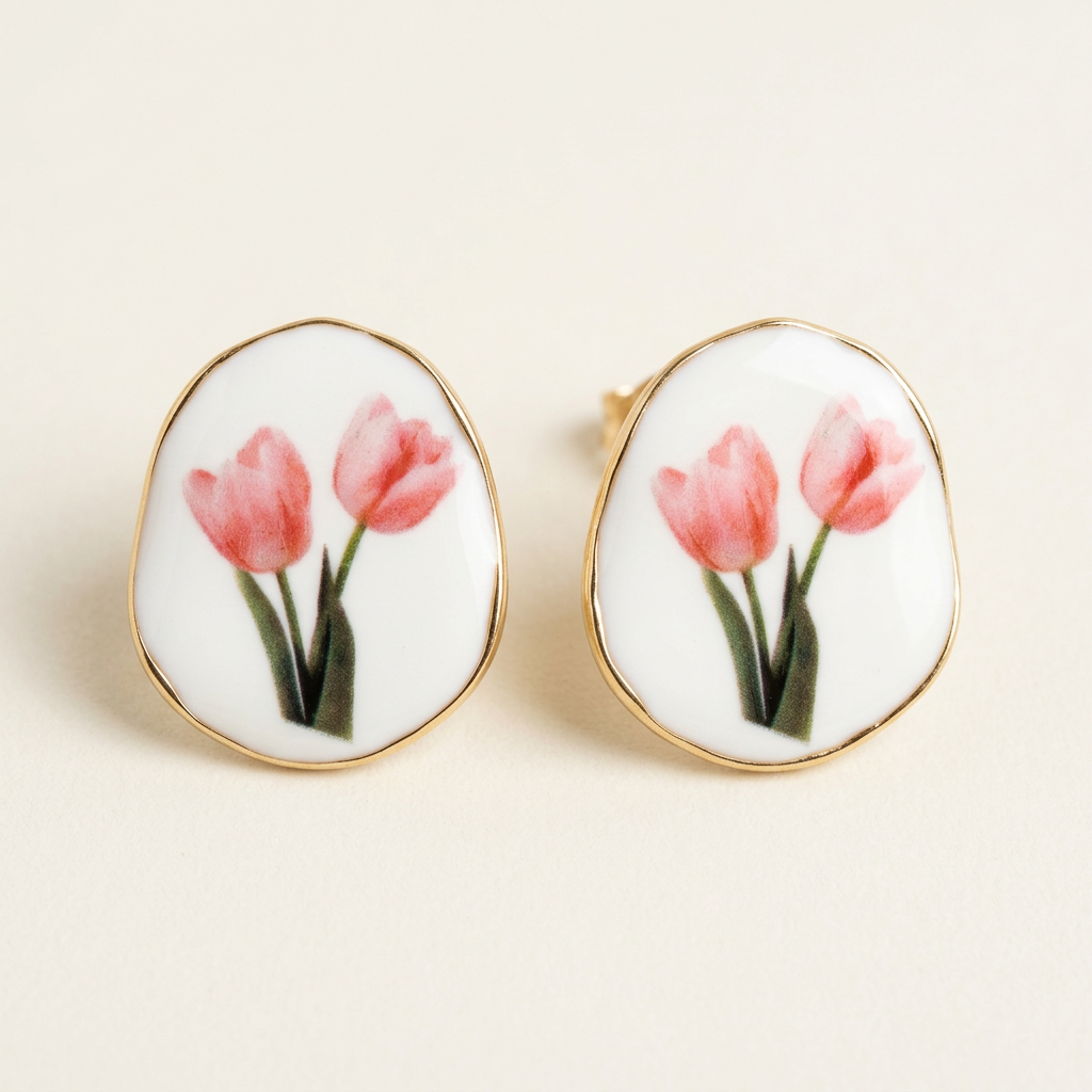 Orecchini Tulipani Rosa, fronte bianco con decoro floreale e bordo color oro su fondo avorio