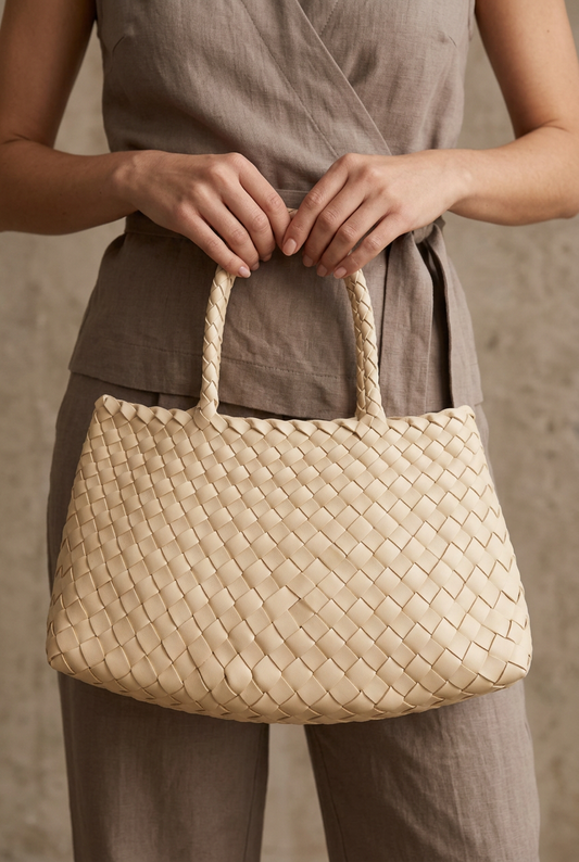 Borsa Aloisa avorio indossata dalla modella, in primo piano