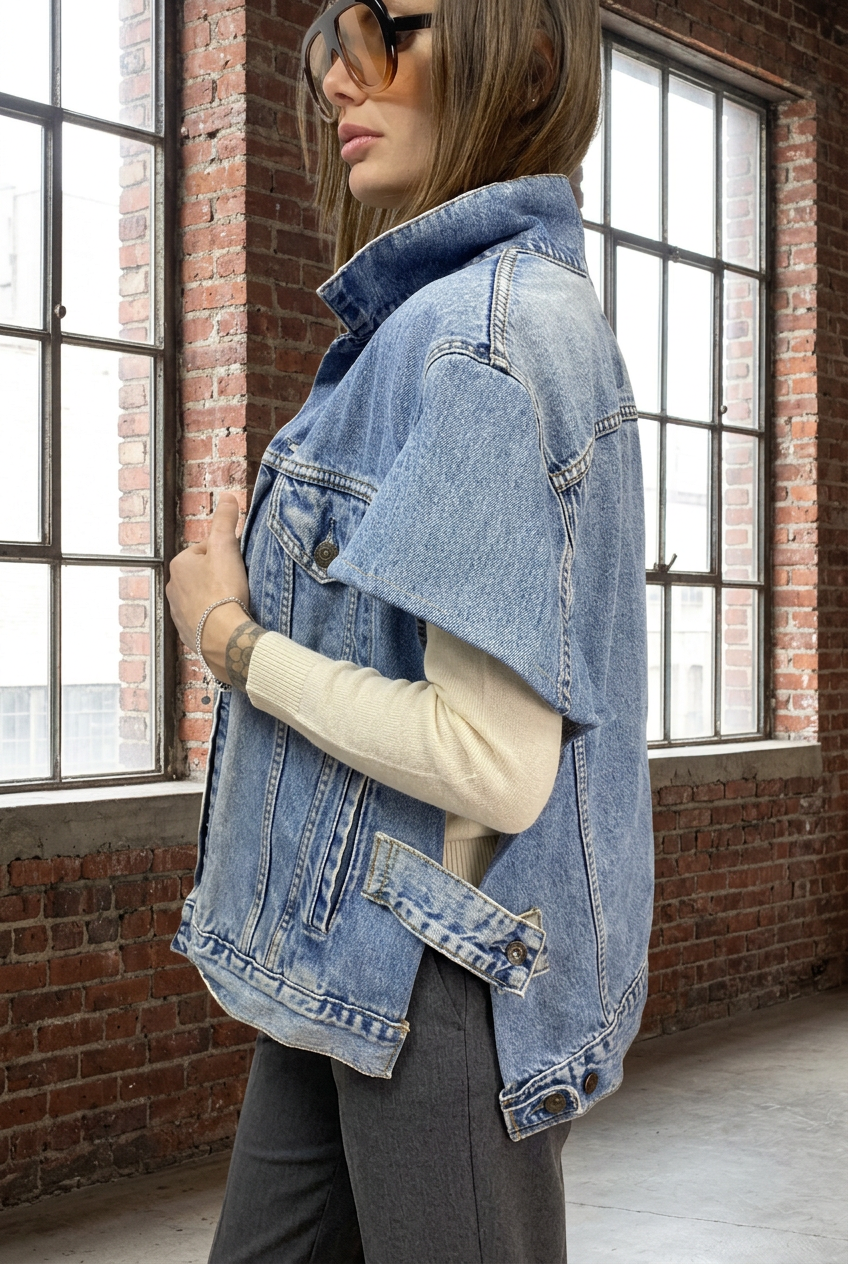 Giubbino Levi's vintage denim chiaro, lato con look invernale in loft di mattoni