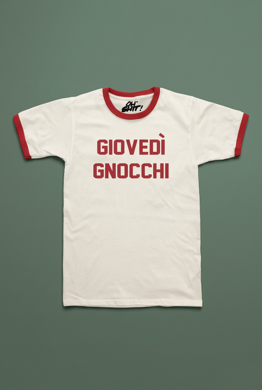 T-shirt Giovedì Gnocchi distesa su sfondo verde salvia, con bordi e scritta rossi