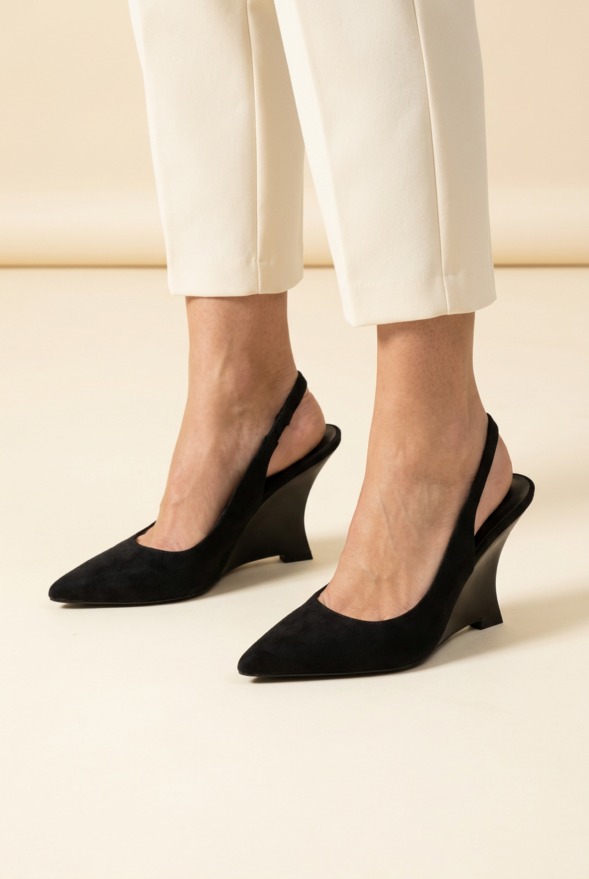 Scarpe Ruru nere indossate dalla modella, vista dall’alto su sfondo avorio