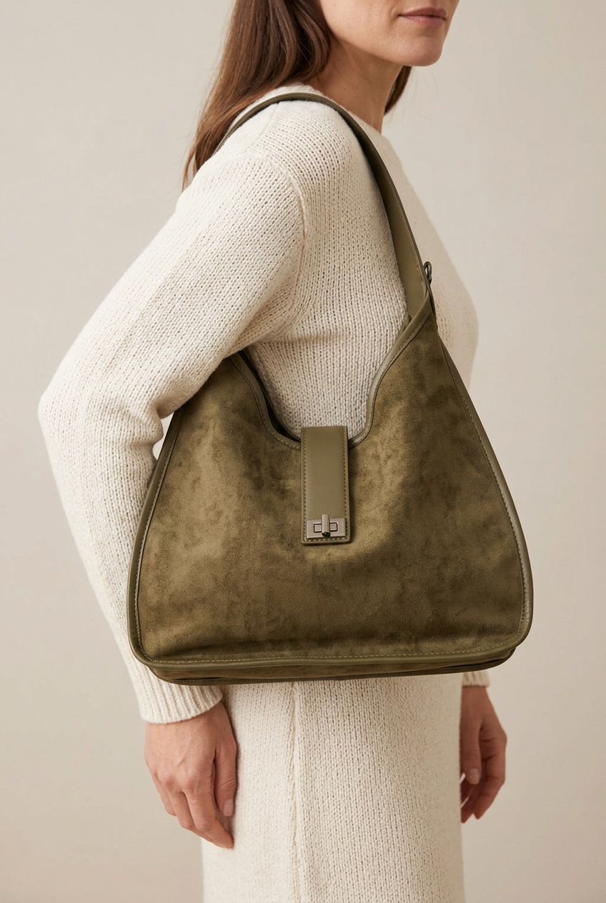 Borsa Elisabet verde oliva indossata dalla modella, in primo piano
