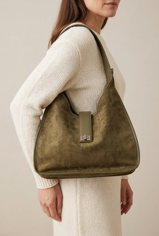 Borsa Elisabet verde oliva indossata dalla modella, in primo piano