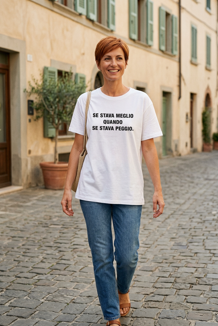 Modella con capelli corti ramati indossa la T-shirt bianca Se stava meglio quando se stava peggio, in una strada italiana