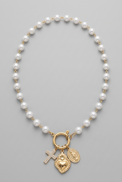 Collana corta Ex Voto Lucelia con sfere effetto perla, cuore, croce e medaglietta