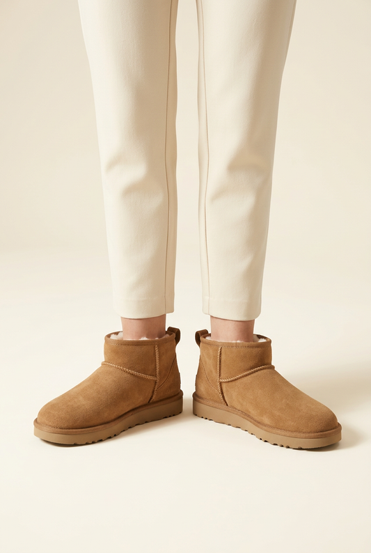 Scarpe 502 color cammello indossate dalla modella con piedi separati e non incrociati, su sfondo avorio