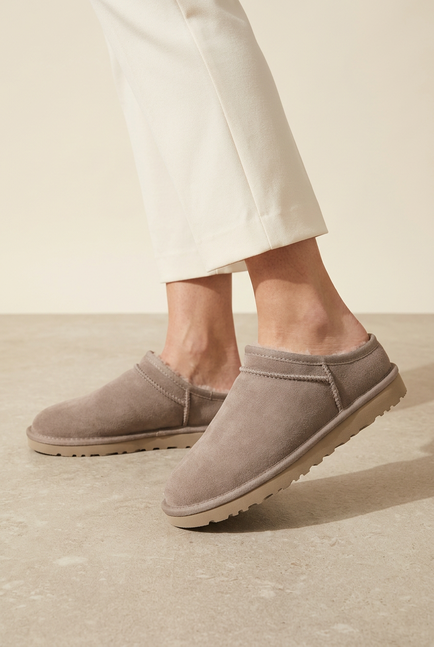Scarpa 530 in camoscio tortora indossata dalla modella