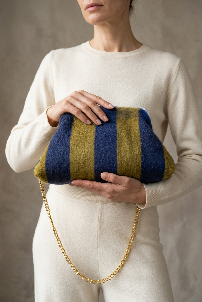 Borsa Nouvelle a righe blu e senape con tracolla dorata indossata da una modella