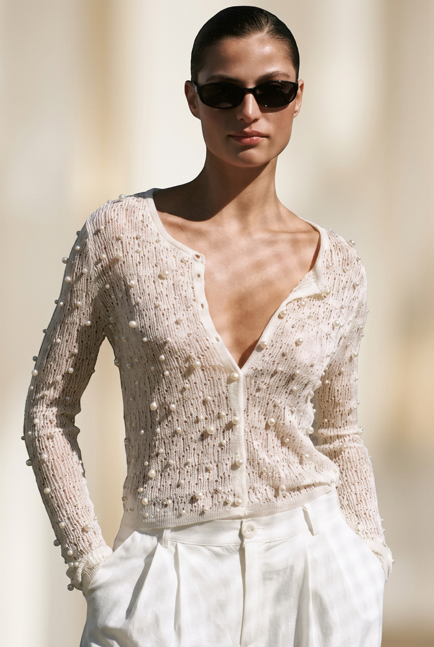Cardigan avorio in viscosa con perle sintetiche indossato dalla modella su fondo avorio