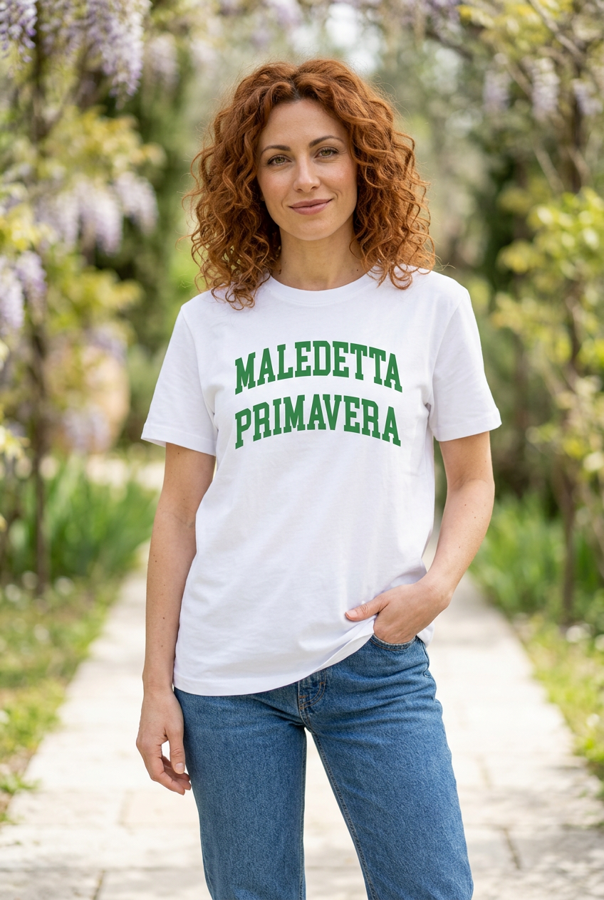 Modella dai ricci ramati indossa la T-shirt bianca Maledetta primavera con scritta verde in un giardino fiorito