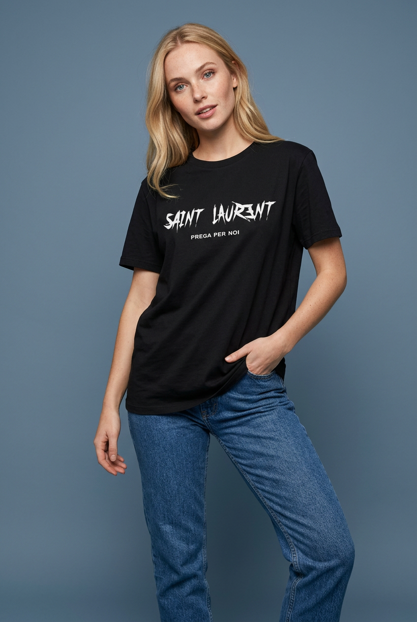 Modella bionda in posa indossa la T-shirt nera con scritta Saint Laurent prega per noi