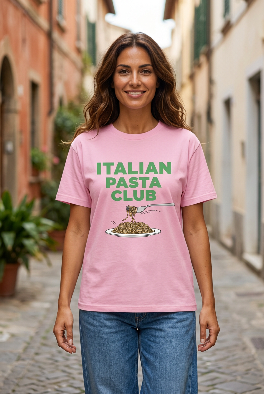 Modella con T-shirt rosa Italian Pasta Club dal taglio dritto, sullo sfondo un borgo italiano