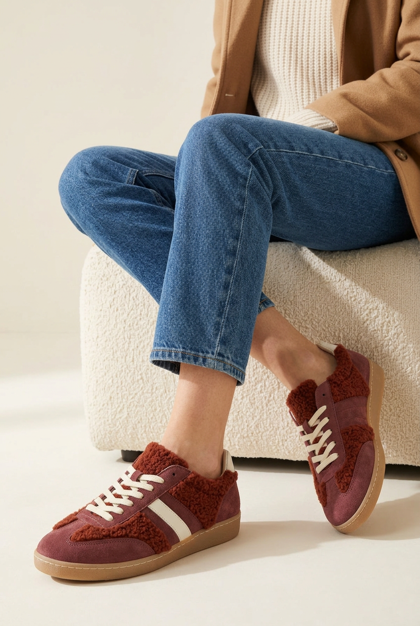 Sneakers Flip bordeaux indossate dalla modella con jeans