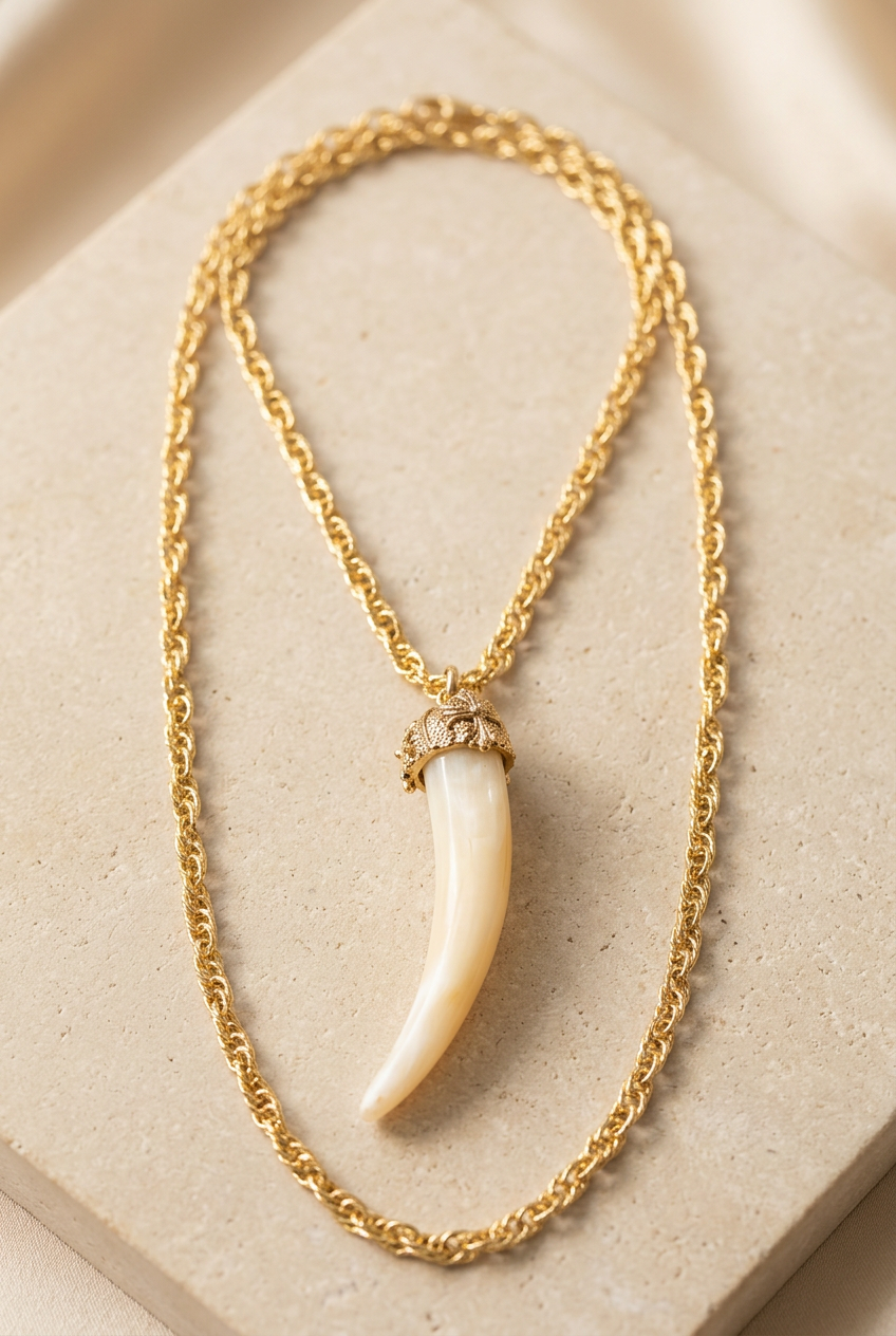 Collana dorata con pendente a corno color avorio appoggiata su fondo chiaro
