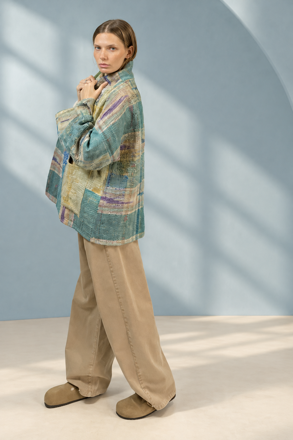Jeans Arena beige, vista laterale su sfondo azzurro polvere